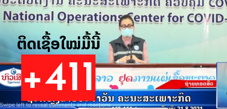 21 ສິງຫາ 2021 ຕິດເຊື້ອໃໝ່ 411 ຄົນ, ຊຸມຊົນ 26 ຄົນ